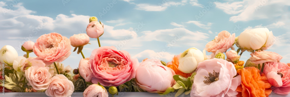 Poster colorful flowers display under a bright sky with soft clouds during springtime
