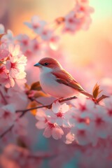 Fototapeta premium Bird on tree branch with beautiful flower in Spring.