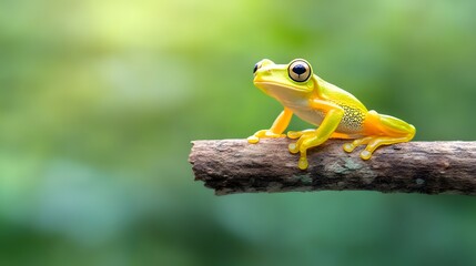 Fototapeta premium Bright Yellow Frog Sitting on a Branch in a Lush Green Environment