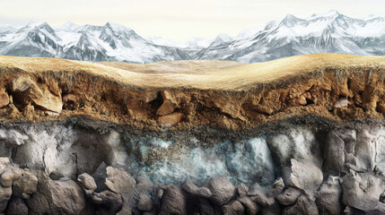 Cross section of permafrost showing frozen soil layers beneath grassy surface, with snow capped mountains in background. image highlights geological features and climate impact