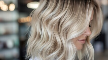 Blonde woman showing modern balayage hair coloring technique