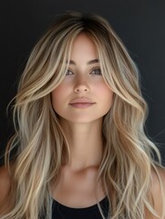 Naklejka premium Blonde model showing long healthy hair with curtain bangs