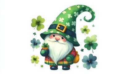 Minimalist watercolor illustration of St. Patrick Day Gnome, Colorful gnome with clovers for St. Patrick's Day