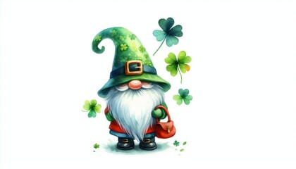 Minimalist watercolor illustration of St. Patrick Day Gnome, Colorful gnome with clovers for St. Patrick's Day