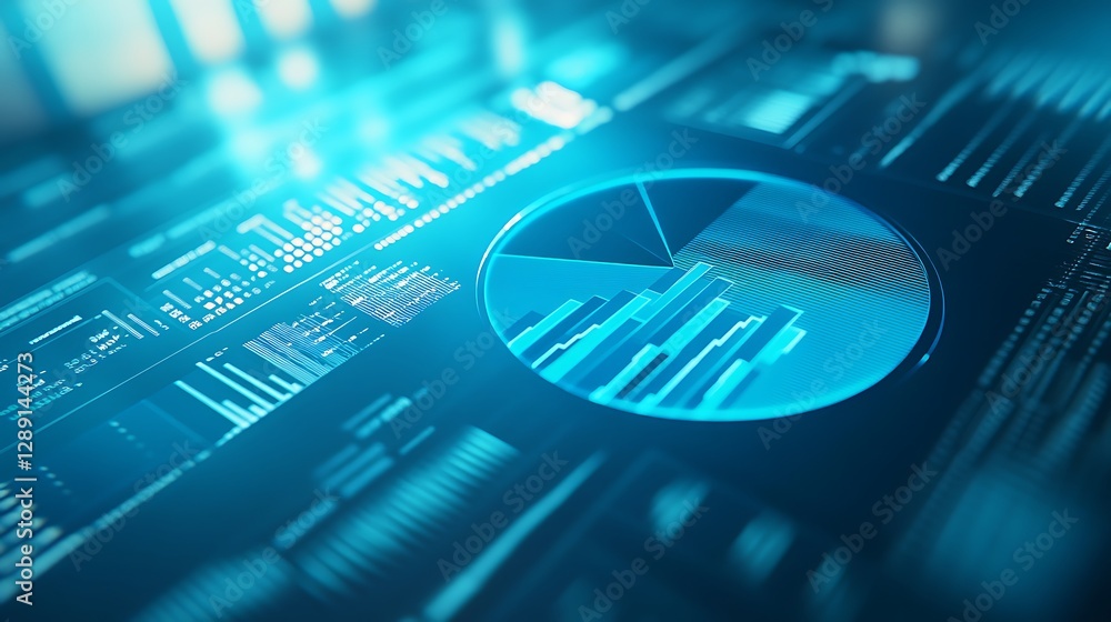 Poster financial report with pie chart and bar graph, a close-up of a financial report with a blue pie char