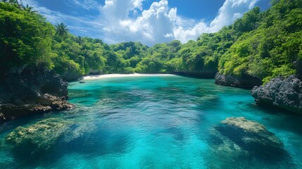 Breathtaking panoramic view of a stunning tropical lagoon surrounded by lush vibrant green foliage and crystal clear turquoise waters in a picturesque paradise setting