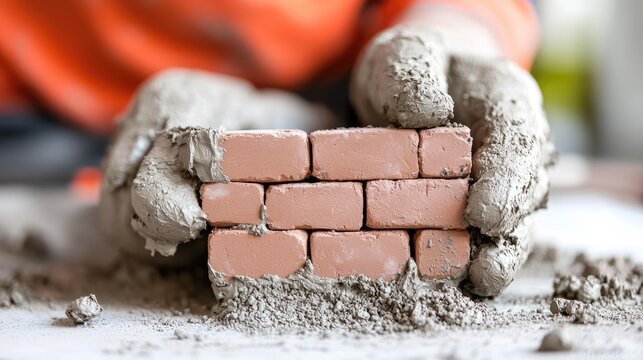 Hands in gloves laying bricks, small construction site, creating a wall. Possible use Educational, construction tutorials