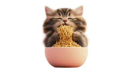Cat eating noodles from a bowl with a focus on its face and whiskers in a cozy indoor setting isolated on transparent background..