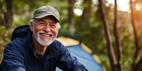 Golden Years Adventurer: A smiling elderly man wearing a cap, stands near a tent, embodies the spirit of adventure and enjoying the outdoor life. Capturing the essence of life's journey, happiness.
