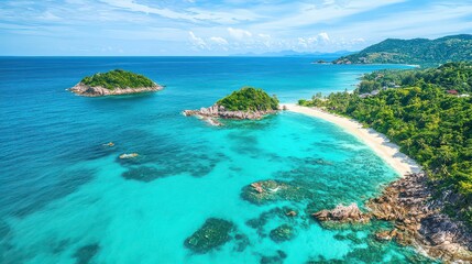 Fototapeta premium Aerial view of crystal-clear turquoise waters of southern Thailand's coastline, with sandy beaches and lush green islands dotting the horizon.