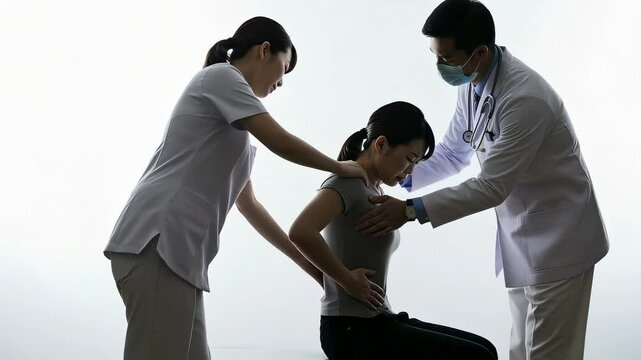 腹痛を訴える女性を診断しようとする医療従事者
