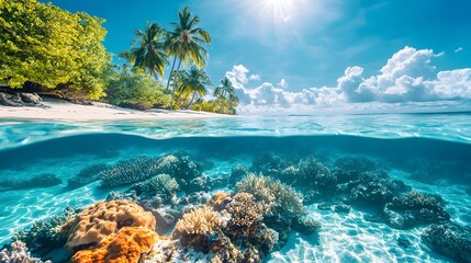 Fototapeta premium Breathtaking tropical beach with vibrant coral reef and turquoise crystal clear waters under a sunny cloudless sky An idyllic serene and captivating natural paradise perfect for relaxation adventure