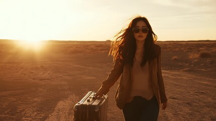 A stylish woman in sunglasses walks through a vast desert environment carrying a suitcase in a contemporary cinematic lighting setting  The image evokes a sense of solo a minimalist elegant aesthetic