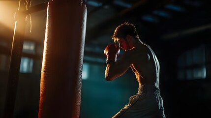 A focused and determined fighter training intensely by punching forcefully into a punching bag in a contemporary cinematic lit boxing gym setting  The athlete showcases their power skill