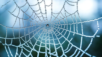 Obraz premium close up of dewdrops on spider web in misty forest, creating delicate and intricate pattern. droplets glisten in soft light, enhancing web natural beauty