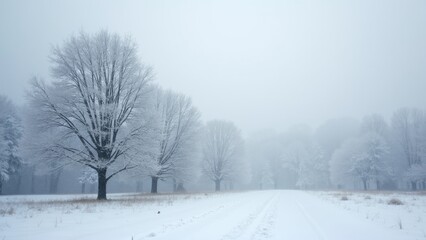 Obraz premium Snowy field with trees and a road