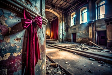 Obraz premium Urban Exploration Photography: Abandoned Building, Burgundy Ribbon, Dark Moody Atmosphere, Grunge Texture