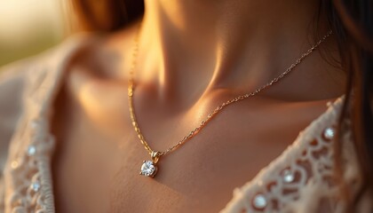 Close-up shot of woman wearing elegant 18k gold necklace with diamond solitaire pendant. Luxury jewelry on skin. Glamour, wealth, investment and beauty product advert concept.