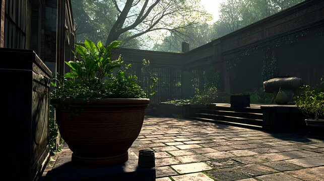 Sunlit Courtyard with Stone Pavement and Lush Greenery