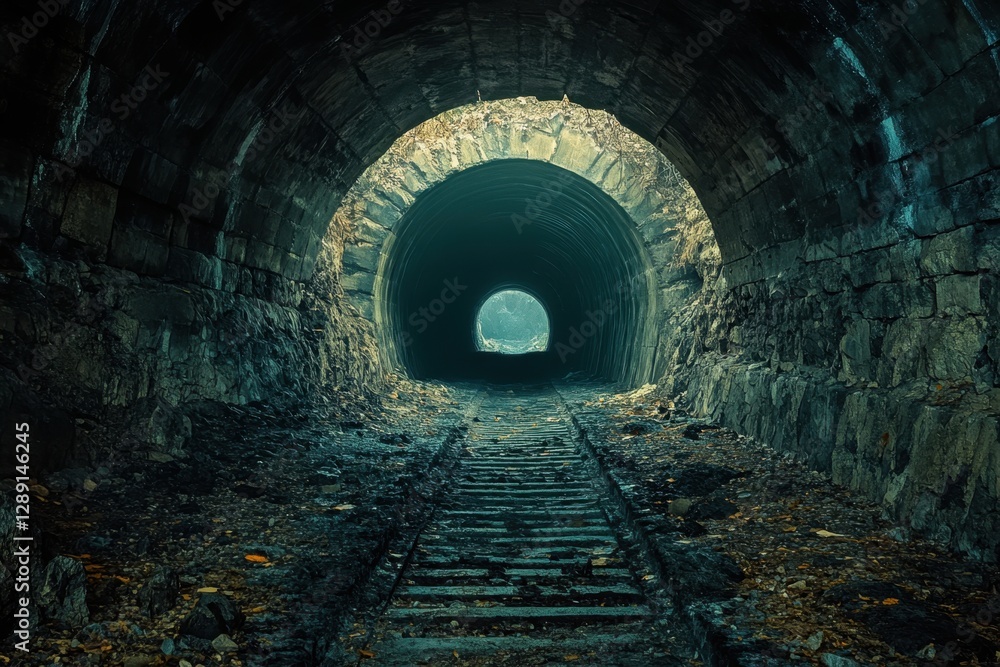 Poster abandoned railway tunnel in a forest during twilight with soft light illuminating the path
