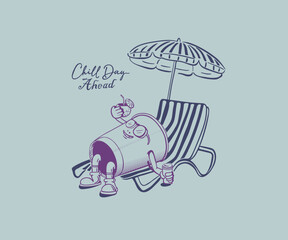 Retro vintage summer beach cartoon vector art, Cup cartoon laying on beach chair and umbrella with juice vector illustration, Summer holidays artwork for t shirt, poster, graphic print 