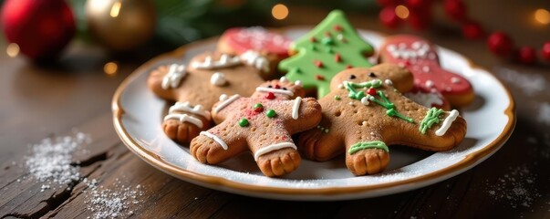 Naklejka premium A festive plate of gingerbread cookies with red and green icing, icing, dessert, gingerbread