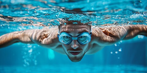 Fototapeta premium Underwater Dive: Swimmer Navigates the Depths: An intense portrait of a swimmer, submerged underwater with goggles, exhibiting focused determination and the grace of a aquatic athlete. 