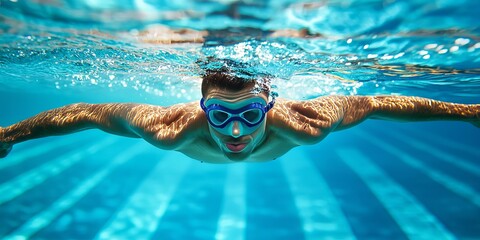 Underwater Ascent: A determined swimmer, equipped with goggles, powerfully strokes through the crystal-clear water of a swimming pool, highlighting the athleticism and dedication.