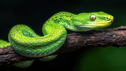 Fototapeta premium Radiant Green Viper Coiled on a Branch with Luminous Scales