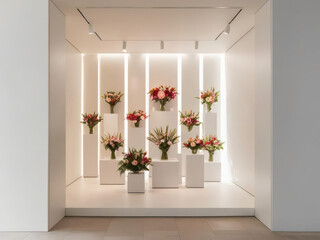 In a contemporary flower shop, colorful floral arrangements are elegantly showcased on minimalist white pedestals. Strong lighting enhances the vibrant hues, creating a captivating display