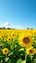 Fototapeta premium A field of bright yellow flowers under a clear blue sky, sunflower, flower