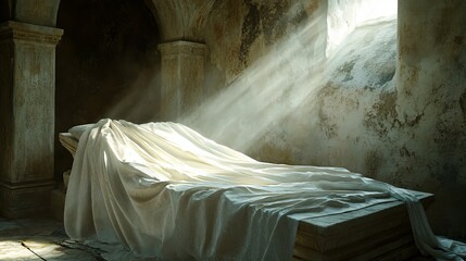 Mystical Tomb: Divine Light Illuminates Ancient Burial Chamber, White Cloth Draped, Spiritual Serenity, Ancient Mystery, Sacred Space, Tomb Entrance, 