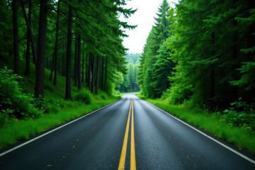 Fototapeta premium An empty forest road winds its way through tall evergreen trees, serene, evergreen, green landscape