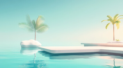 Fototapeta premium Minimalist swimming pool with clear sky. Minimalist Floating Islands. Illustration