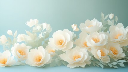 Soft, light peach and white paper flowers arranged on a pale blue background.  Detailed texture and gentle lighting create a serene atmosphere