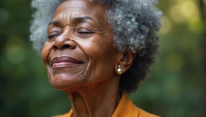 Close-up face of serene senior African American woman with gray hair closing eyes in contemplation, spiritual reflection. Elderly lady in 80s feels presence of God, finding inner peace outdoors.