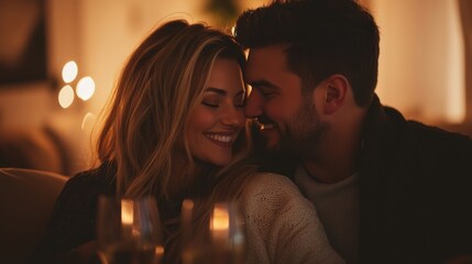 Cozy Evening Embrace Between Happy Couple in Warm Lighting