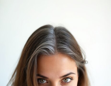 Close-up of woman with grown-out gray hair roots and brown dyed hair, showing need for salon visit. Beauty industry, hair dyeing, and aging concept. Female at studio with hazel eyes.