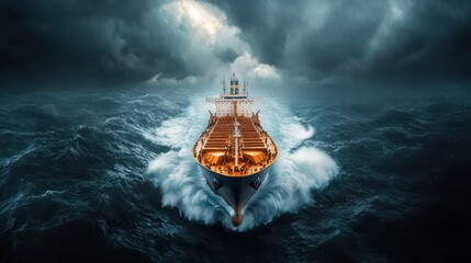 Dramatic Cinematic Shot of Cargo Ship Sailing Under Stormy Skies