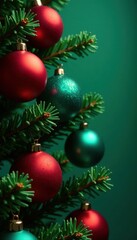 Naklejka premium Glass balls in shades of red, green, and blue scattered on the tree's branches, Red, Green, Ornaments