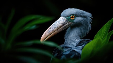 Obraz premium Striking Shoebill Stork Portrait Among Lush Greenery