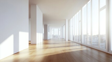 Fototapeta premium Modern Empty Apartment Spacious Room Interior Design Sunlight Wooden Floor Large Windows Bright White Walls Minimalist Style Luxury Real Estate Property Home Showcase Open Plan Architecture New 
