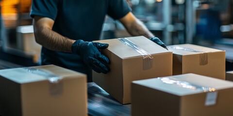 Handling Packages: A worker carefully handles packages on a conveyor belt in an industrial setting, highlighting the logistics and supply chain process.