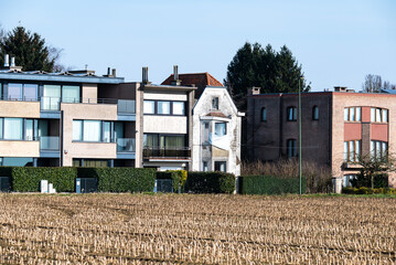 Suburban houses in a row with harvested corn fields in Dilbeek, Flemish Brabant, Belgium, FEB 19, 2025