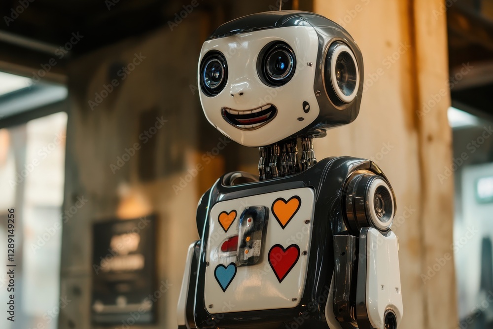Poster robot with friendly features showcasing playful design at technology exhibit in urban center