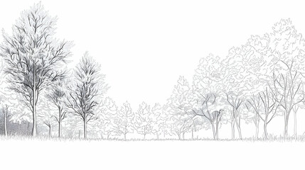 Monochrome Tree Sketch, Simple Line Drawing of Woodland Landscape