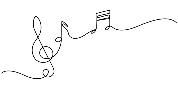 Continuous music line art note vector sketch illustration. Abstract music notes song sound concept background outline, Music notes and treble clef continuous one line drawing. Hand drawn doodle sketch
