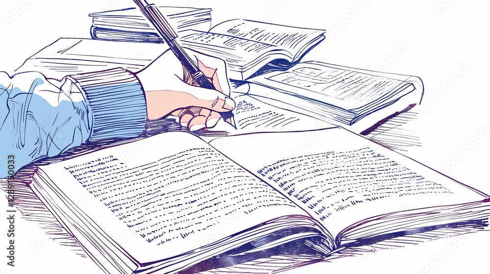 Poster person studying with books open and taking notes in organized workspace