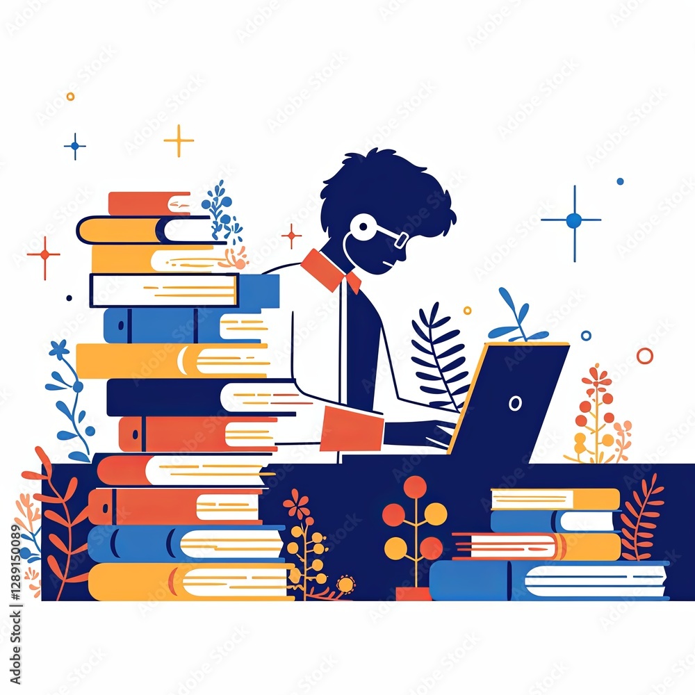 Poster student studying with laptop surrounded by books in a colorful setting