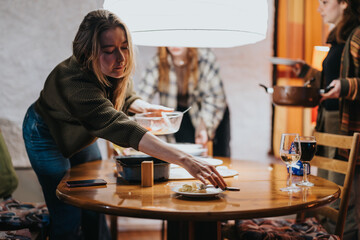 A gathering of friends enjoying a warm indoor dinner, sharing food and creating memories.